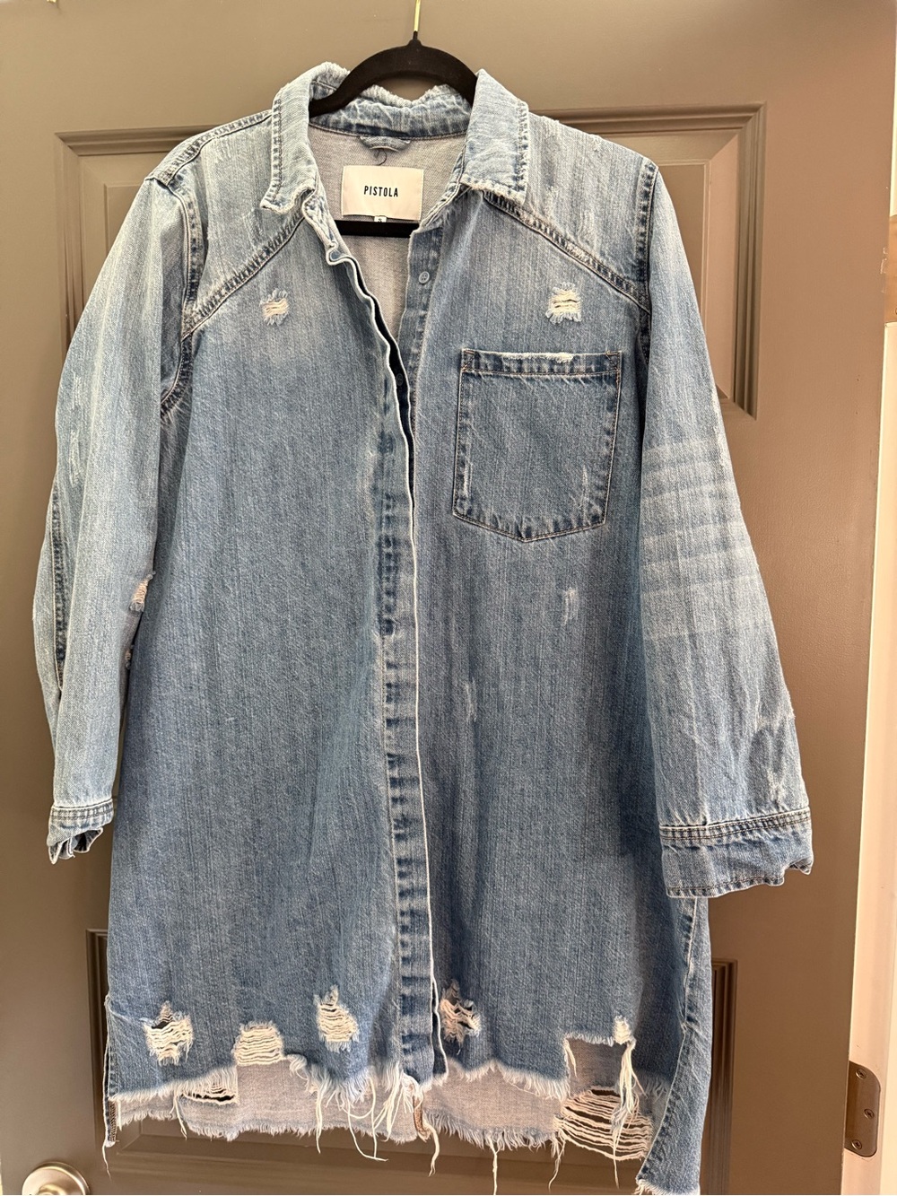 PISTOLA Willow longline distressed denim shirt dress, size small